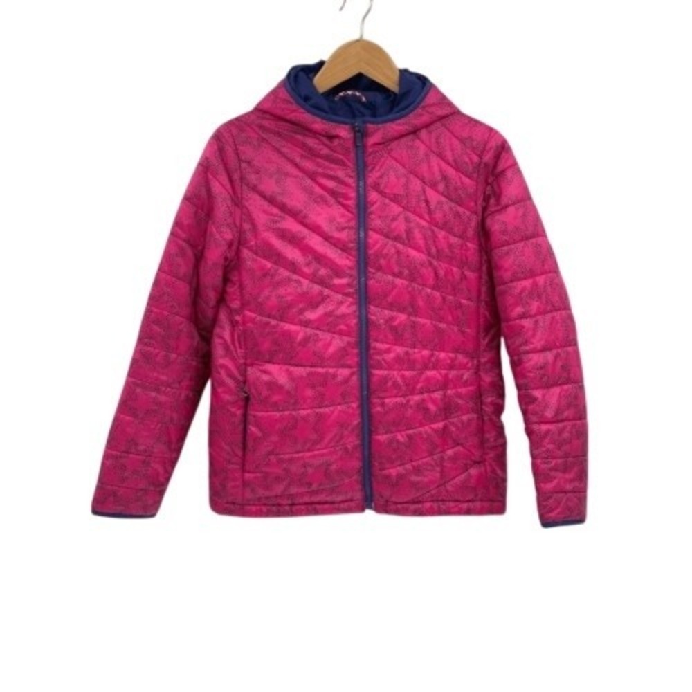 Land's End Puffer Jacket Girls Size 16 Pink Blue Hooded Full Zip